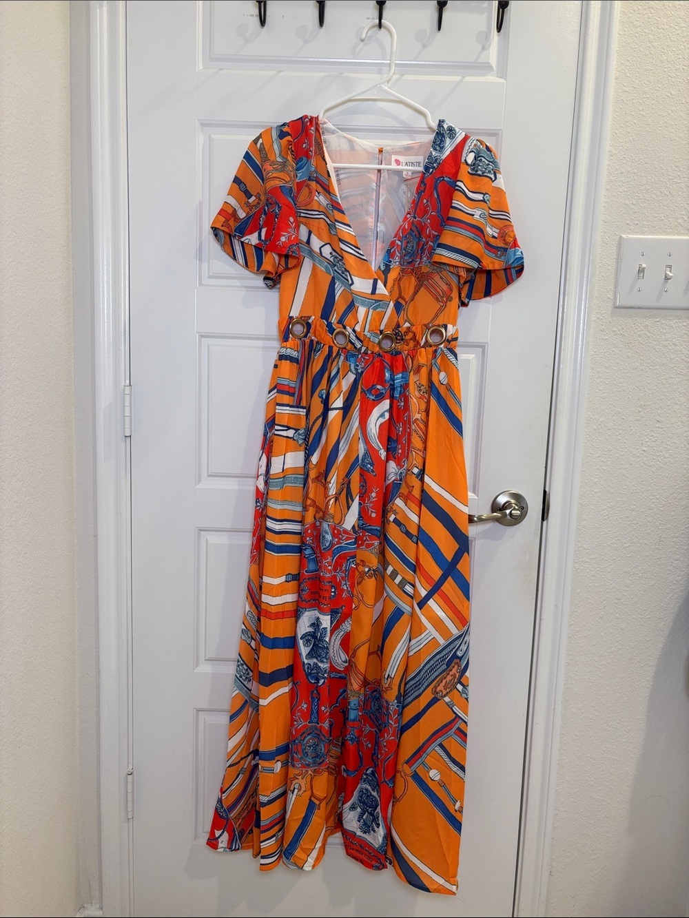 Orange Scarf Print Boho Maxi Dress Flutter Sleeve Resort Vacation S L’atiste